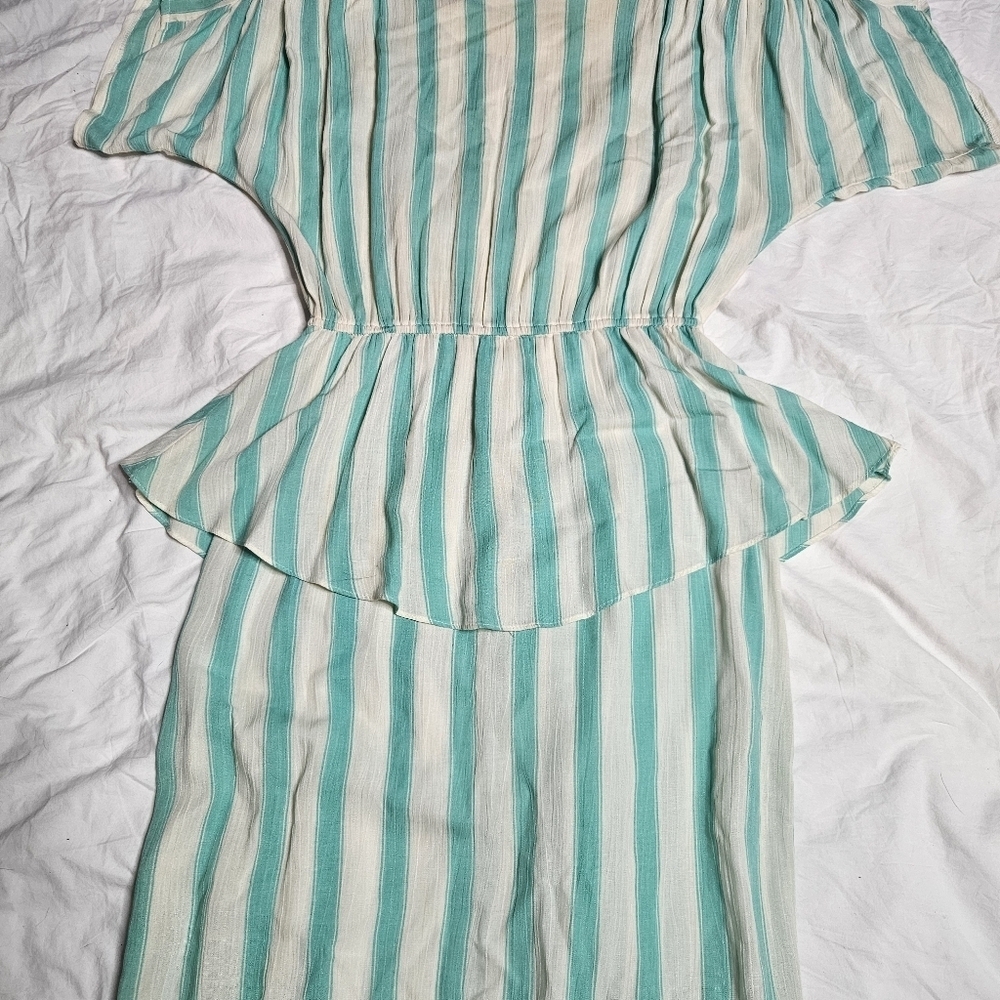 Vintage 80s Phoebe Peplum Midi Dress Aqua Green Ivory Stripe Rayon sz 5-6 - Picture 5 of 9